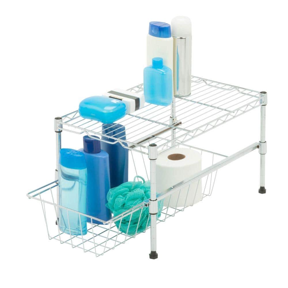 Chrome Adjustable Two-Tier Cabinet Organizer with Pull-Out Basket
