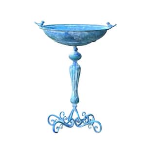 Iron Pedestal Birdbath with Little Bird Detail in Antique Blue