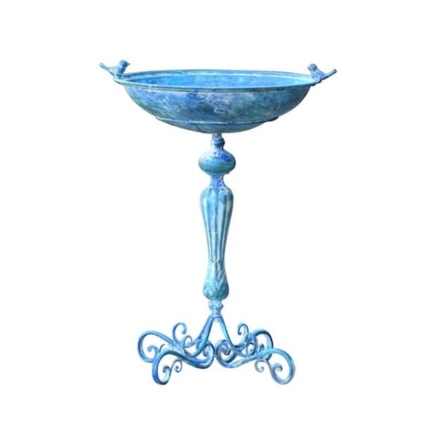 Zaer Ltd. International Iron Pedestal Birdbath with Little Bird Detail in Antique Blue
