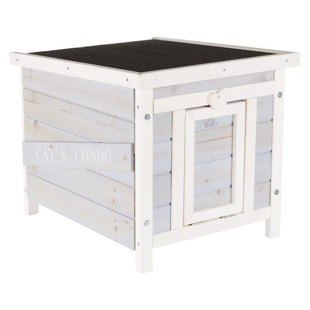 Gray and White Wooden Cat Condo with Hinged Roof