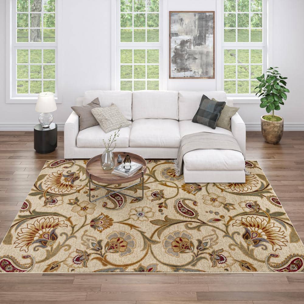 Ivory Floral Synthetic Tufted Rectangular Area Rug