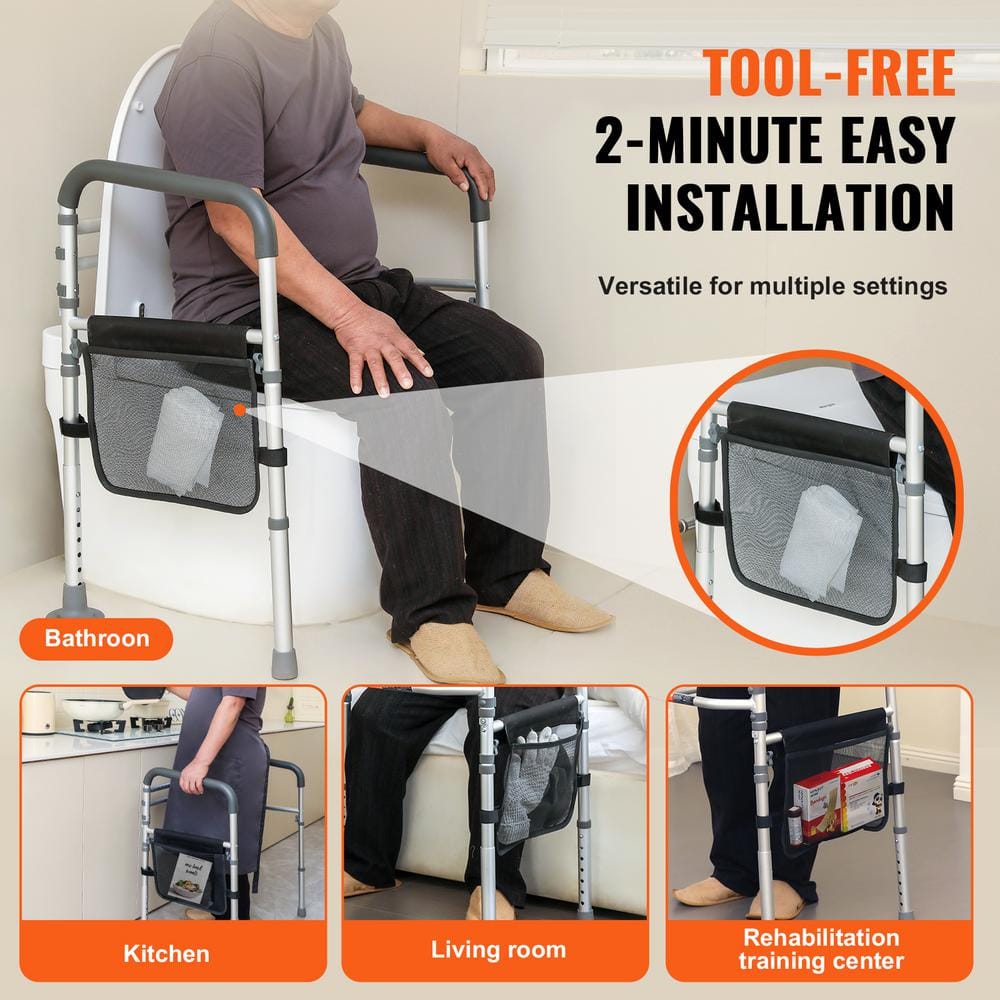 Adjustable Aluminum Toilet Safety Handrail with Storage Pouch