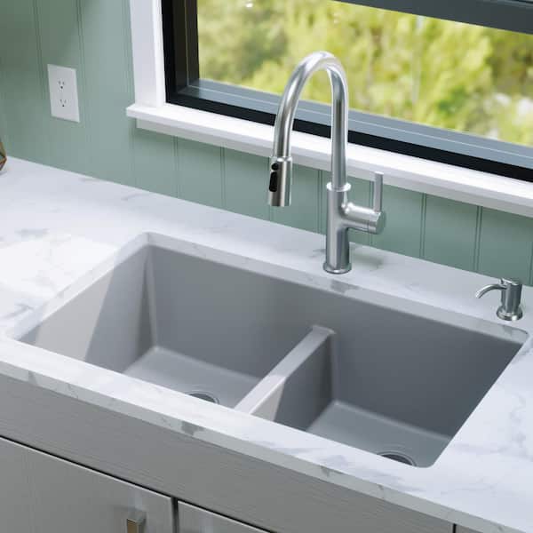 Quartz/Granite Grey 32 in. 50/50 Double Bowl Composite Undermount Kitchen Sink