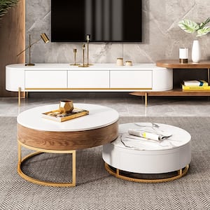 Modern Nesting 31.49 in. Dark Brown and White Round Sintered Stone Lift-top Coffee Table (Set of 2)