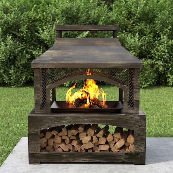 Bestier 37 in. Steel Outdoor Wood Burning Fireplace with Wood