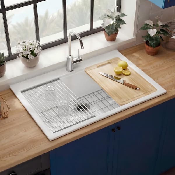 Workstation Kitchen Sink 33 in. 1-Hole Drop-In Single Bowl in White Fireclay Kitchen Sink with Cutting Board