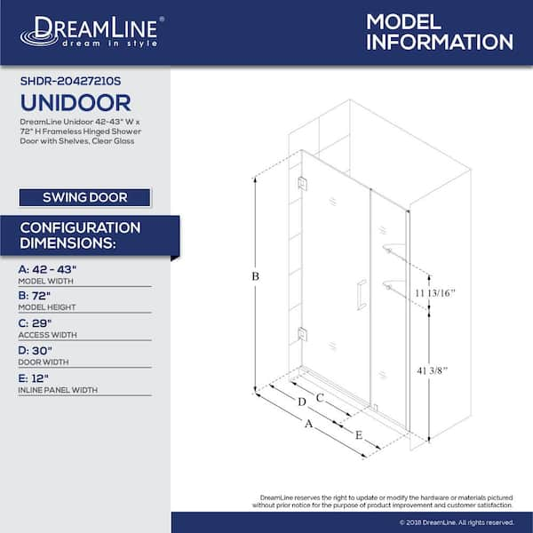 DreamLine Unidoor 42 to 43 in. x 72 in. Frameless Hinged Shower