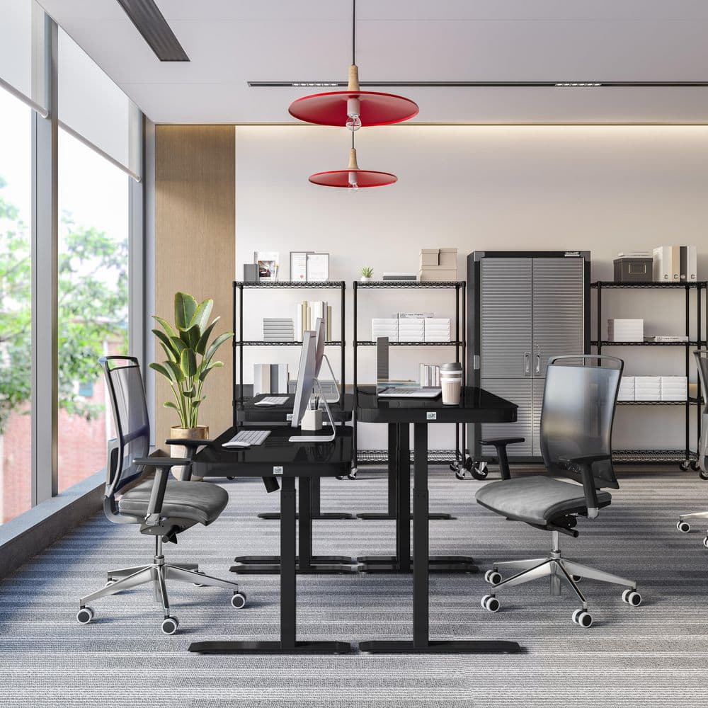 Black Adjustable Height Glass Standing Desk with USB Port and Drawer