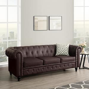 88.58 in. W Round Arm Faux Leather Rectangle Chesterfield Sofa, Tufted 3-Seat Cushions Couch in. Brown