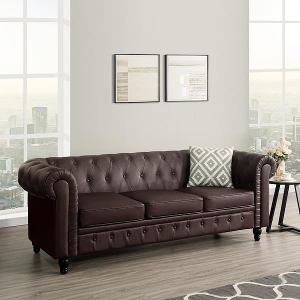 HOMESTOCK 88.58 in. W Round Arm Faux Leather Rectangle Chesterfield Sofa, Tufted 3-Seat Cushions Couch in. Brown