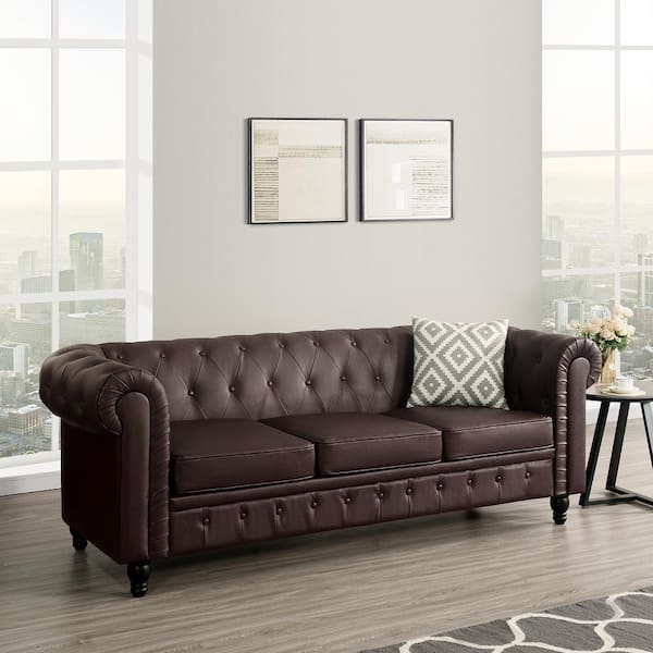 MAYKOOSH 88.58 in. W Round Arm Air Leather Faux Leather Rectangle Chesterfield Sofa, Tufted 3-Seat Cushions Couch in. Espresso