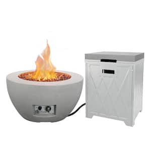25 in. W x 13.4 in. H Outdoor Round Concrete Metal Propane Gas Fire Pit Table in Light Gray with Tank Cover Storage Box