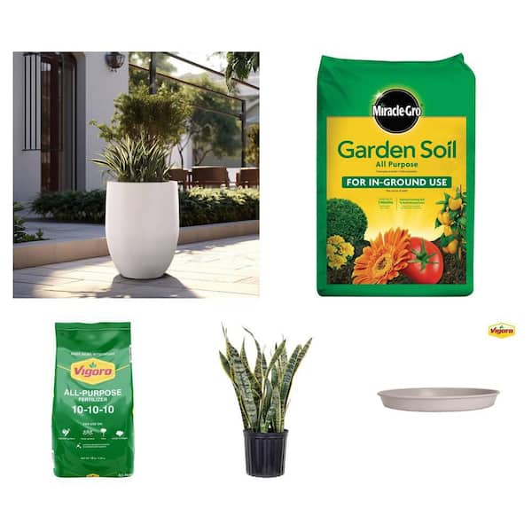 10 lbs. 10-10-10 Fertilizer, 22"H White Concrete Planter, Snake Plant, Soil 1 cu. ft. and 14.2" Plant Saucer Combo
