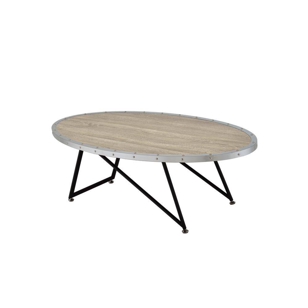 Weathered Gray Oak Oval Coffee Table with Metal Trim
