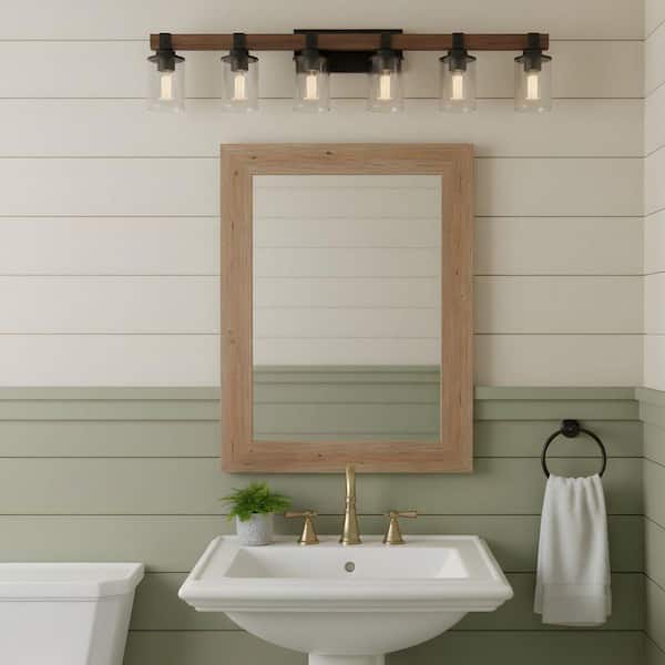 42.35 in. 6-Light Walnut Bathroom Vanity Light with Glass Shades, Suitable for Entrances, Bathrooms, and Living Rooms
