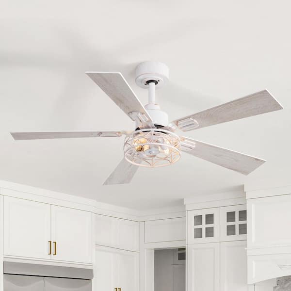 42 in. Indoor White Ceiling Fan with Drum Metal Light Kit, Downrod, White/Beige Blades and Remote Included