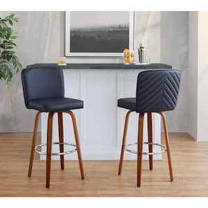 Henry 30.75 in. Black Faux Leather, Walnut Wood and Chrome Metal Fixed-Height Barstool (Set of 2)