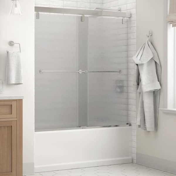 Delta Lyndall Mod 50-1/8 to 58-1/2 in. W x 59- H Soft-Close Frameless Sliding Tub Door, Chrome, Rain Glass