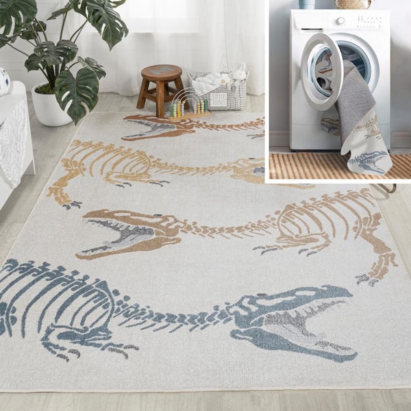 Kingdarr T-Rex Modern Kids Machine-Washable Cream/Multi 4 ft. x 6 ft. Area Rug