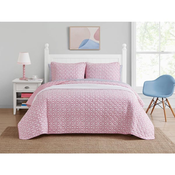 Unbranded Due South 3-Piece Pink Cotton Full/Queen Quilt Set