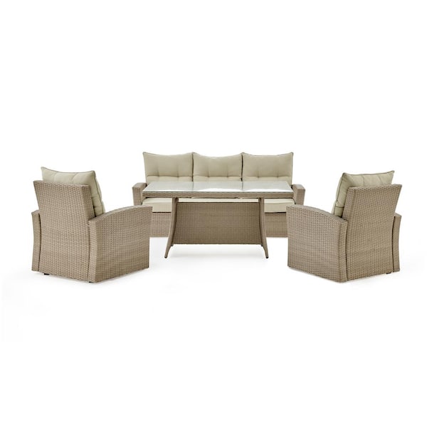 Pure Garden Canaan Beige 4-Piece All-Weather Wicker Patio Conversation Deep-Seating Set with Cream Cushions