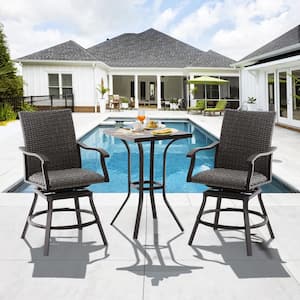 Brown Rattan 3-Piece Aluminum Outdoor Bistro Set All Weather, 2 Swivel Rattan Chairs and High Bar Table for Lawn Garden