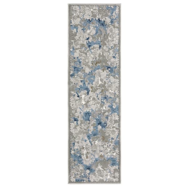 AVERLEY HOME Emory Beige/Blue 2 ft. x 8 ft. Distressed Abstract Polypropylene Polyester Blend Indoor Runner Area Rug