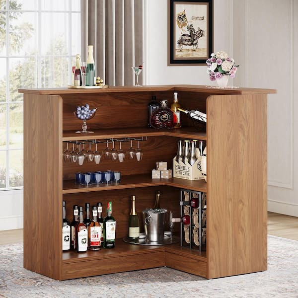Kearsten Brown 51.18 in. W Bar Cabinets L-Shaped 4-Tier Corner Wine Table with Storage Shelves and Wine Glass Holder