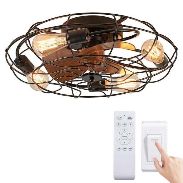 WDETR 20.4 in. Farmhouse Indoor Matte Black Low Profile Caged Ceiling Fan with Remote Control Included