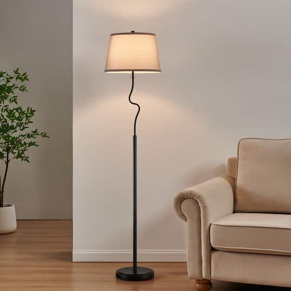 KAWOTI 63.5 in. Black Standard Floor Lamp with 3 Way Rotary Switch and Grey Linen Shade