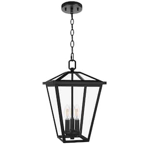 16 in. 3-Light Black Outdoor Pendant Light Fixture with Clear Beveled Glass