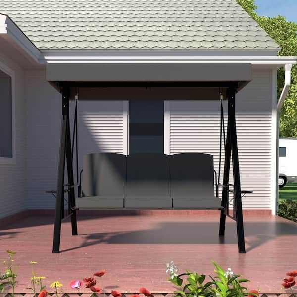 3-Person Metal Outdoor Patio Swing Chair with Convertible Canopy, Cushion and Side Tray Included, Dark Gray