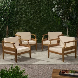 Aston Teak Brown Removable Cushions Wood Outdoor Lounge Chair with Cream Cushion (4-Pack)