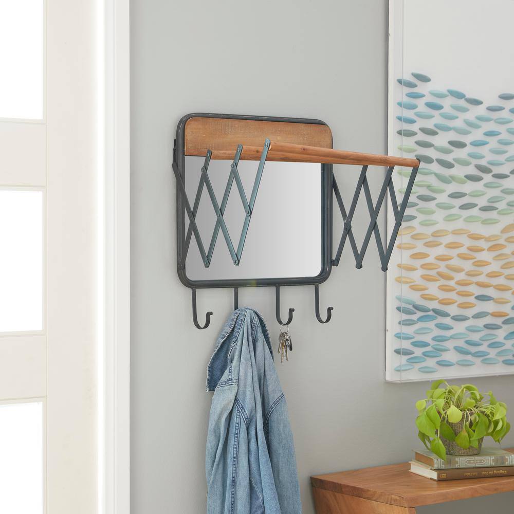 Industrial Brown Metal and Wood Wall Hook with Mirror