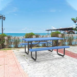 72 in. Rectangular Steel Frame Blue Outdoor Metal Picnic Table Seats 4-6 People at Once with 2 Benches