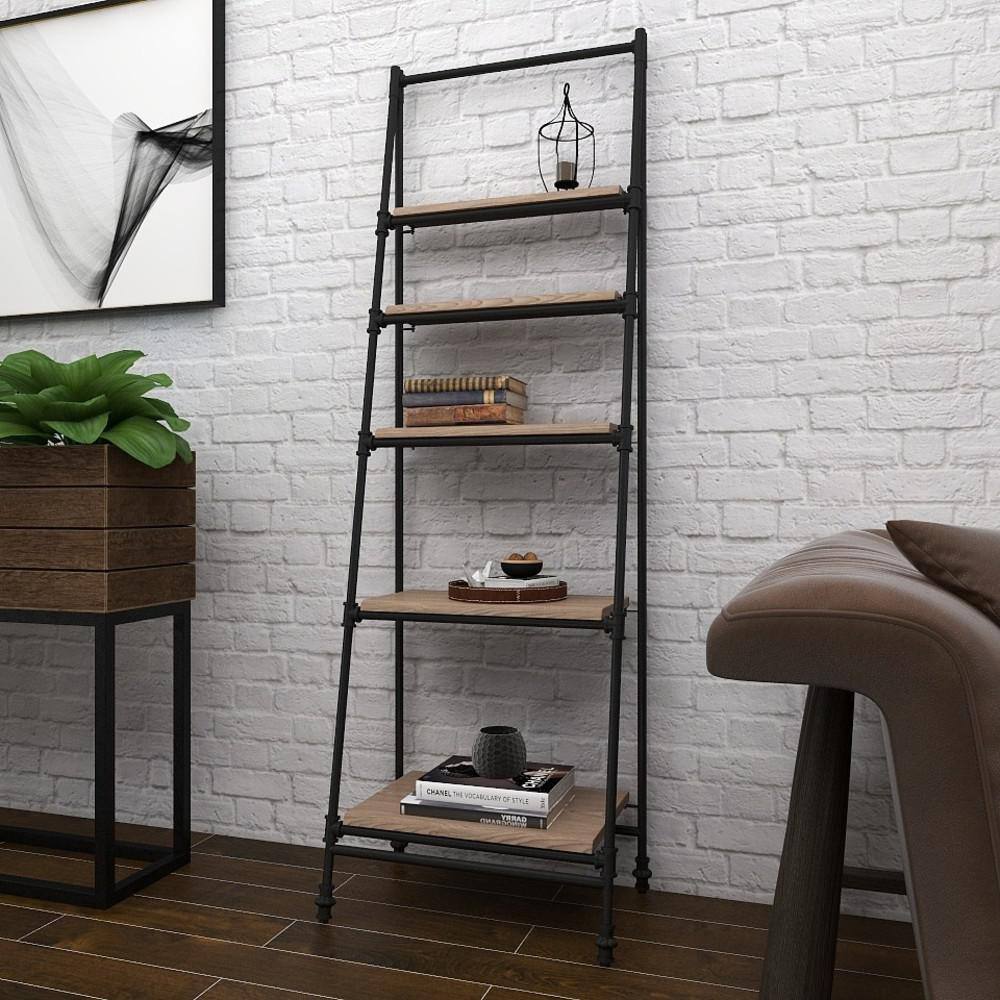 72" Black Metal and Pine Wood 5-Tier Ladder Shelf