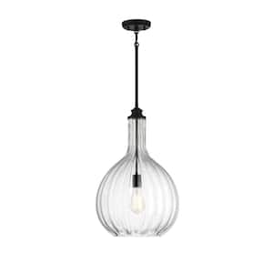 Brandon 14 in. W x 22 in. H 1-Light Matte Black Pendant with Fluted Blown Glass Shade