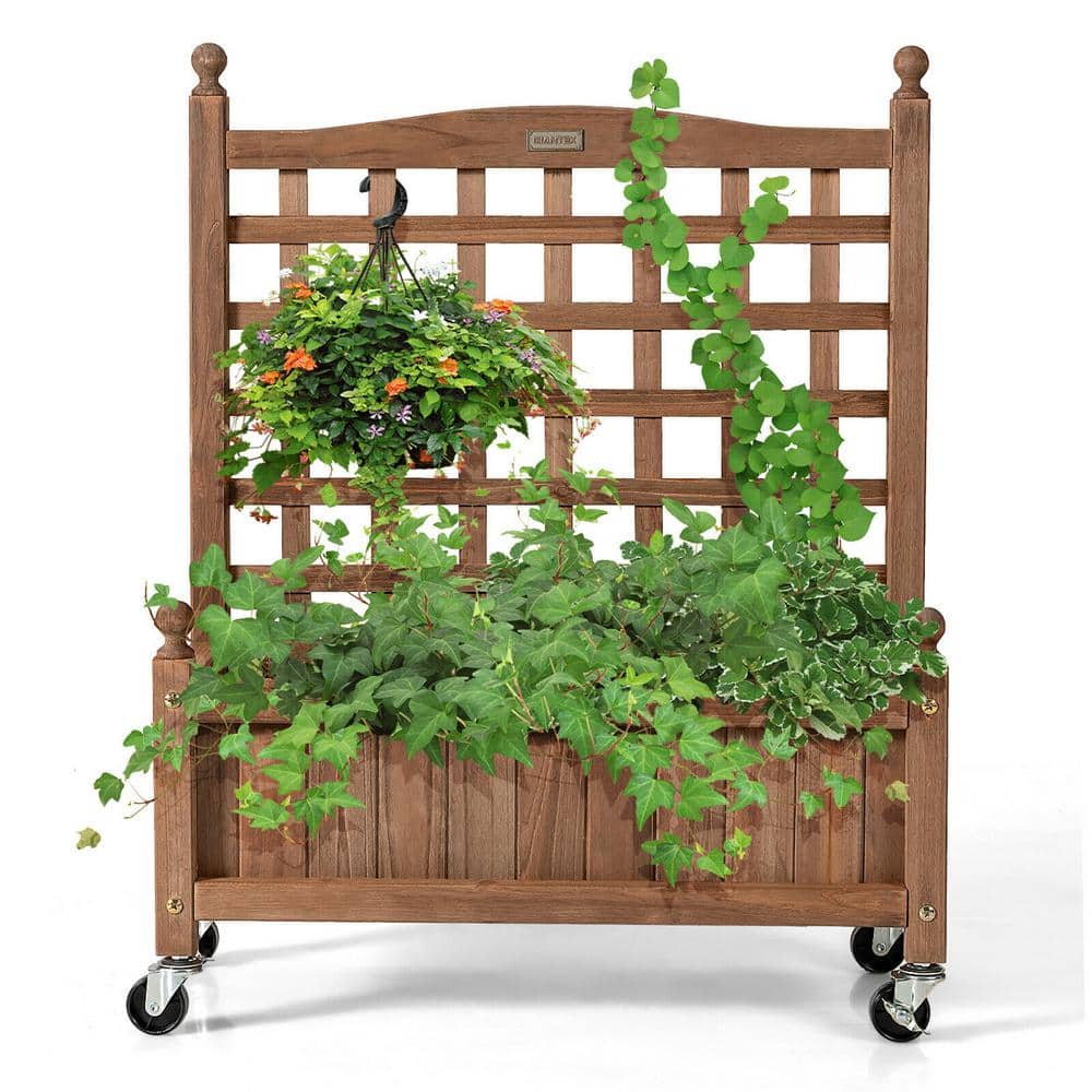 Natural Fir Wood Planter Box with Trellis and Wheels