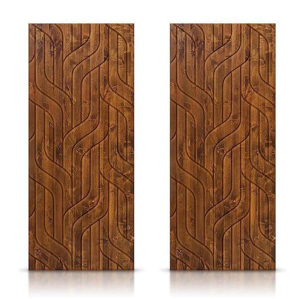 CALHOME 60 in. x 80 in. Hollow Core Walnut Stained Pine Wood Interior Double Sliding Closet Doors