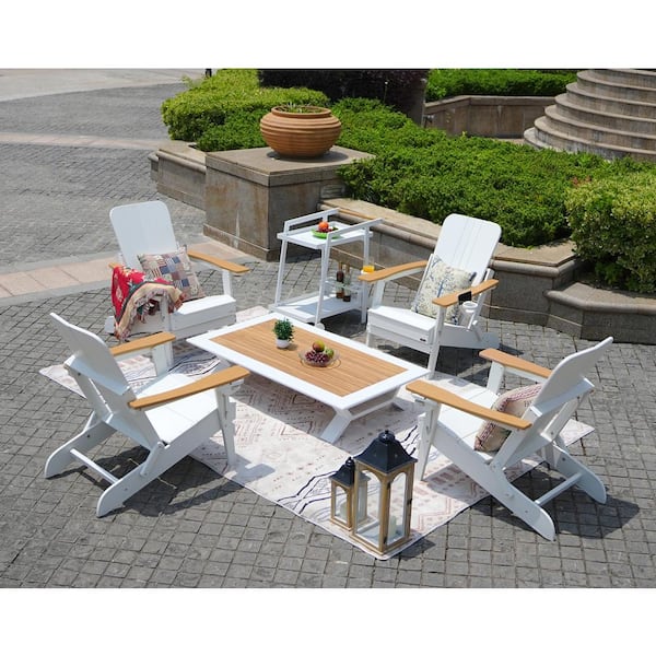 DIRECT WICKER 6-Piece HDPE Plastic Folding Adirondack Chair Patio Conversation Seating Set with Ben White Table and Bar Cart