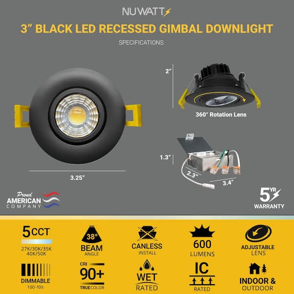 3 in. Canless Black Round Gimbal Integrated LED Recessed Light Kit 5 CCT 2700K - 5000K New Construction (16-Pack)