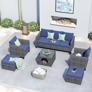 Gaia Gray 6-Piece Wicker Outdoor Patio Conversation Seating Set with Denim Blue Cushions