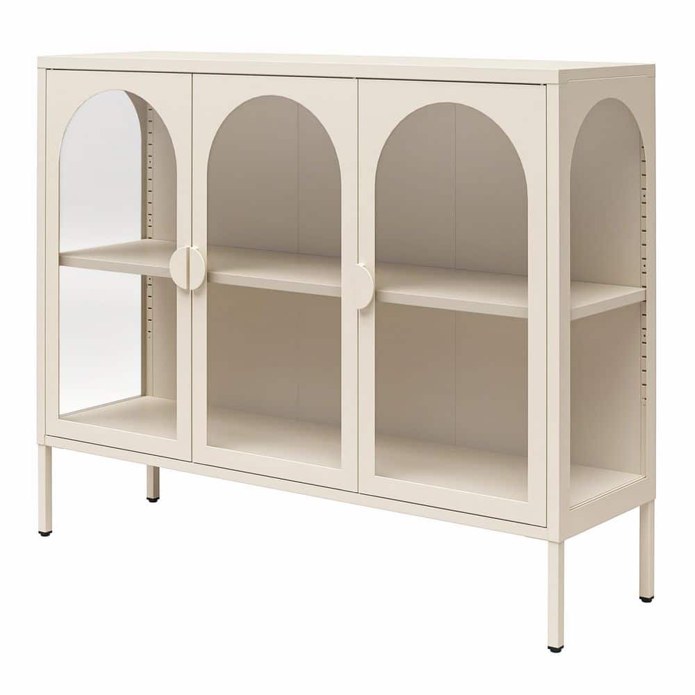 Parchment Steel Accent Cabinet with Adjustable Shelving and Glass Doors