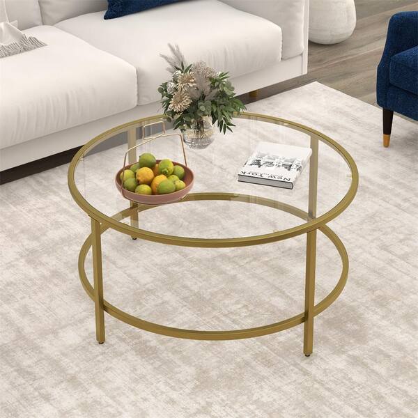 Costway 36 in. Golden Round Tempered Glass Tabletop Coffee