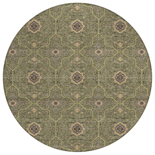 Chantille Machine Washable Indoor/Outdoor Abstract ACN2409 Olive 8 ft. x 8 ft. Round Rug