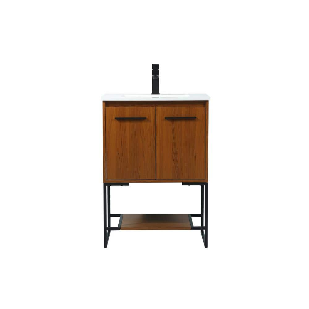 Timeless Home 24 in. W Single Bath Vanity in Teak with Quartz Vanity Top in Ivory with White Basin, Brown