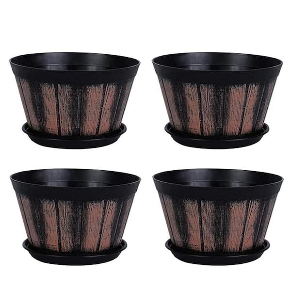 12 in. Dia x 8 in. H Brown Plastic Round Whiskey Barrel Planter, set of 4