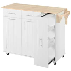 White Wood 46 in. Kitchen Island on 5-Wheels with Drop Leaf, 3-Tier Pull Out Cabinet Organizer and 2-Drawers