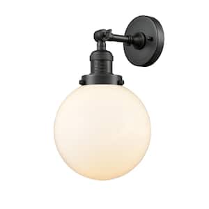 Franklin Restoration Large Beacon 8 in. 1-Light Oil Rubbed Bronze Wall Sconce with Matte White Glass Shade
