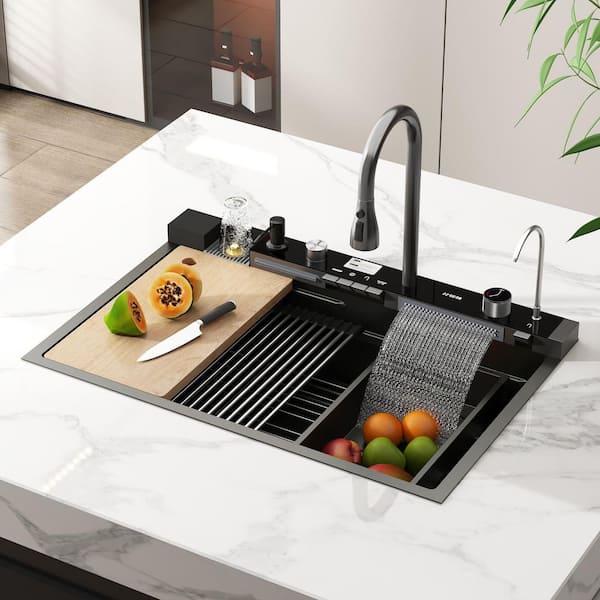 31.5 in. Drop-In Single Bowl Gray 304 Stainless Steel Kitchen Sink Flying Rain Waterfall, Pull-Down Faucet Kitchen Set